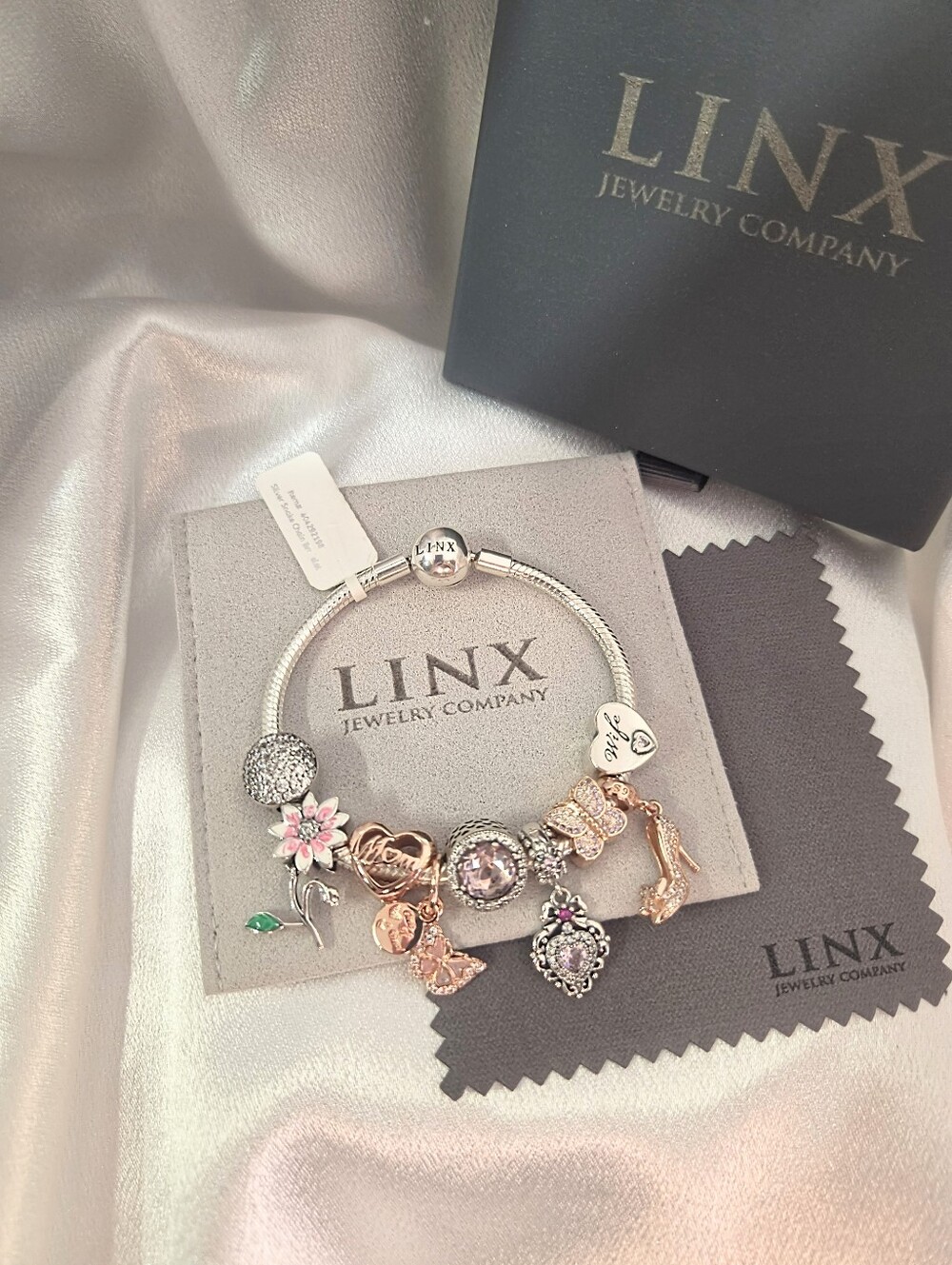 Linx Snake Chain Bracelet with Mom & Wife Themed Charms 925 sterling silver